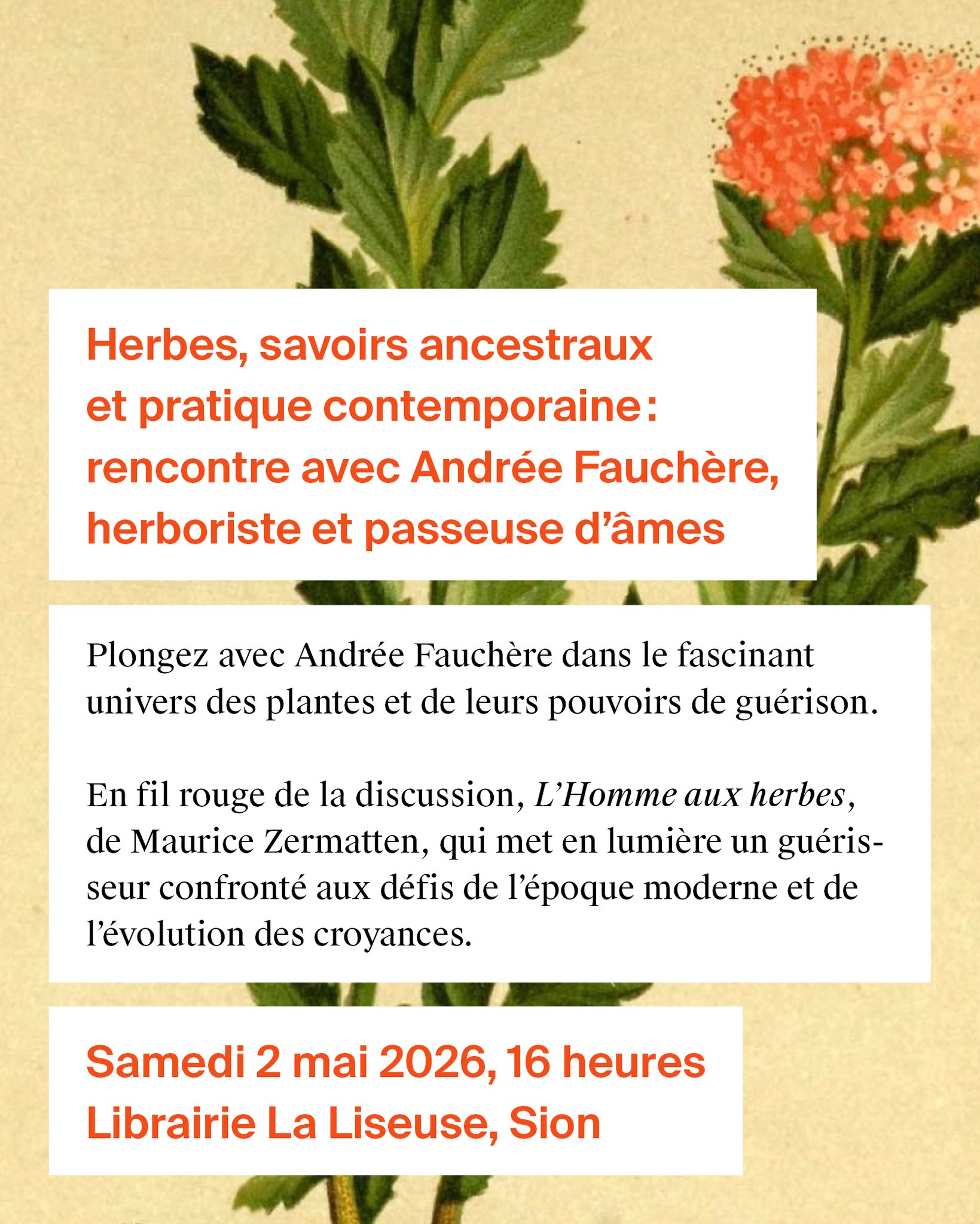Une rencontre à ne pas manquer avec une spécialiste des plantes, auteure et chroniqueuse sur les ondes de Rhône FM. 

À bientôt à la librairie La Liseuse!
 
@andreefauchere 
www.a-fauchere.ch
@librairie_la_liseuse 
@rhonefm_officiel