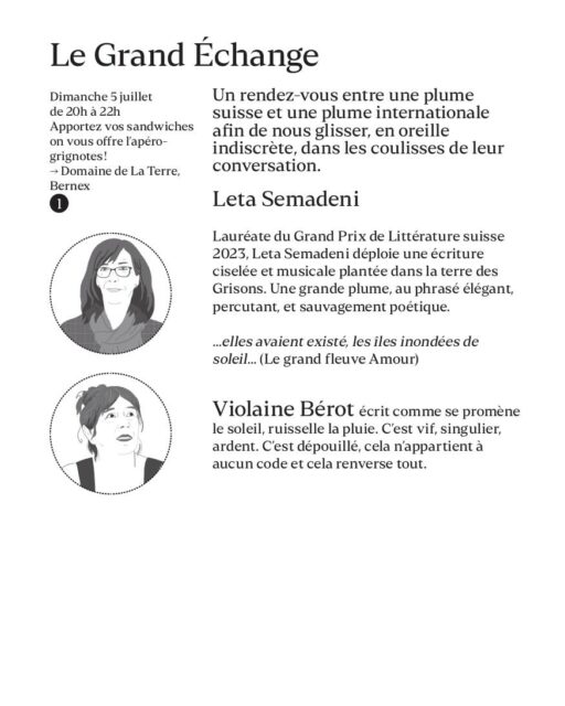 Rejoignez Leta Semadeni et Violaine Bérot le 5 juillet, pour une conversation (et un apéro) dans le cadre du Grand Juillet, le nouveau rendez-vous littéraire genevois. 
Laissez-vous tenter, et passez un bel été!
@grandjuillet 
@lsemadeni 
@berotviolaine